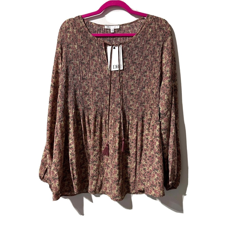 DR2 by Daniel Rainn Blouse Size 2X Pleated Tassels Ditsy Floral Mauve Top NWT